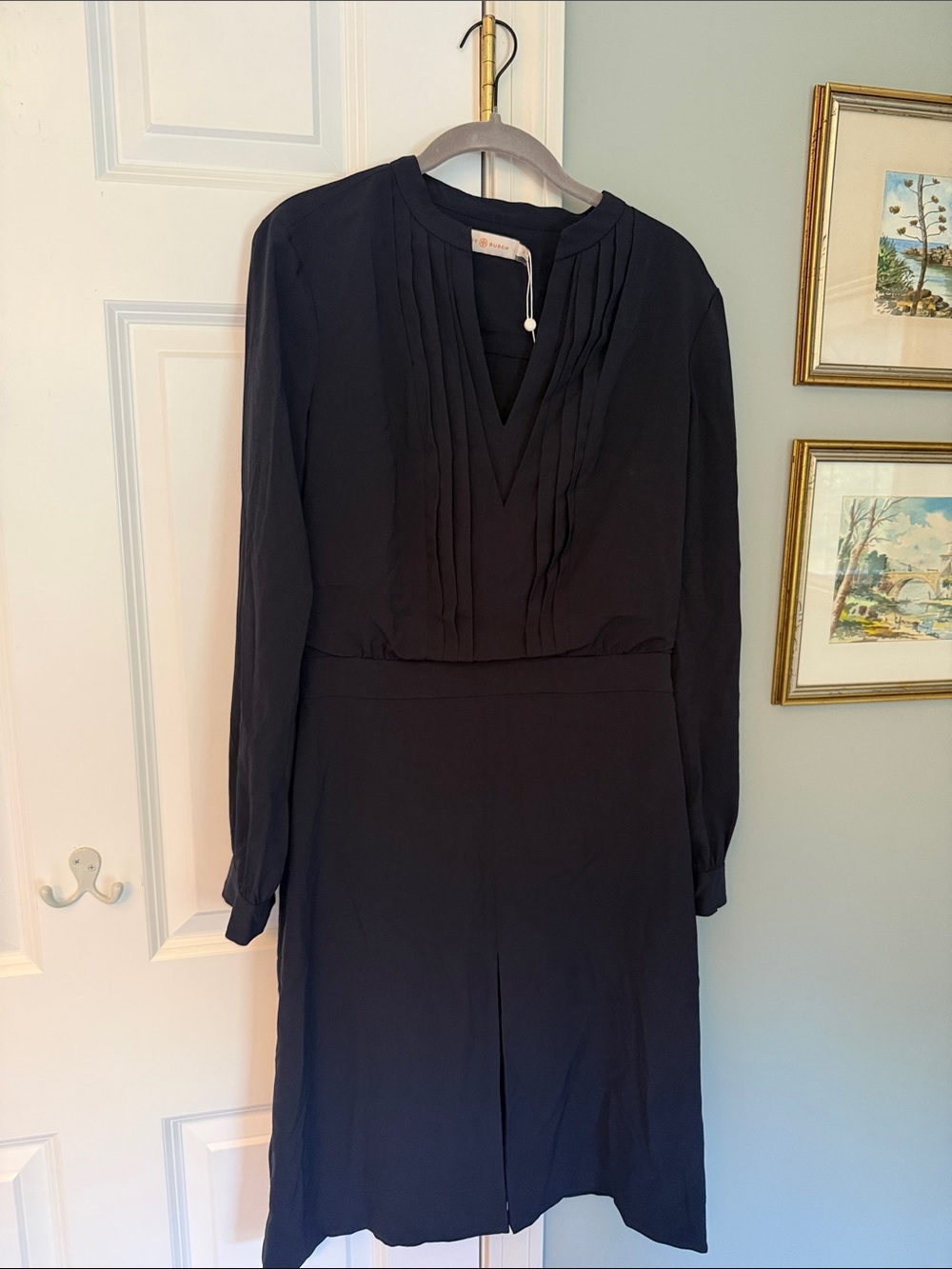 Tory Burch NAVY Long-Sleeve V-Neck Pleated Waist Dress